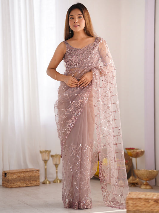 Pink Rose Party Wear Net Embellished Saree