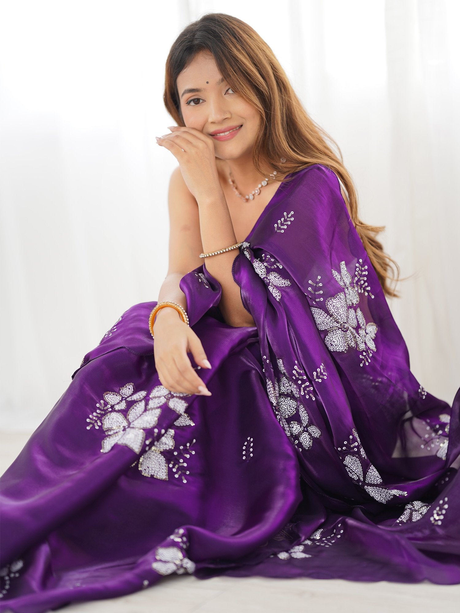Purple Party Wear Organza Embellished Saree