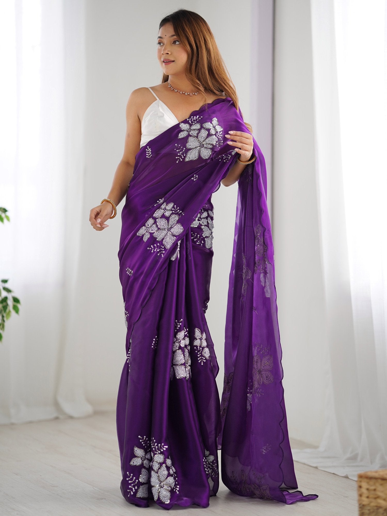Purple Purple Party Wear Organza Embellished Saree