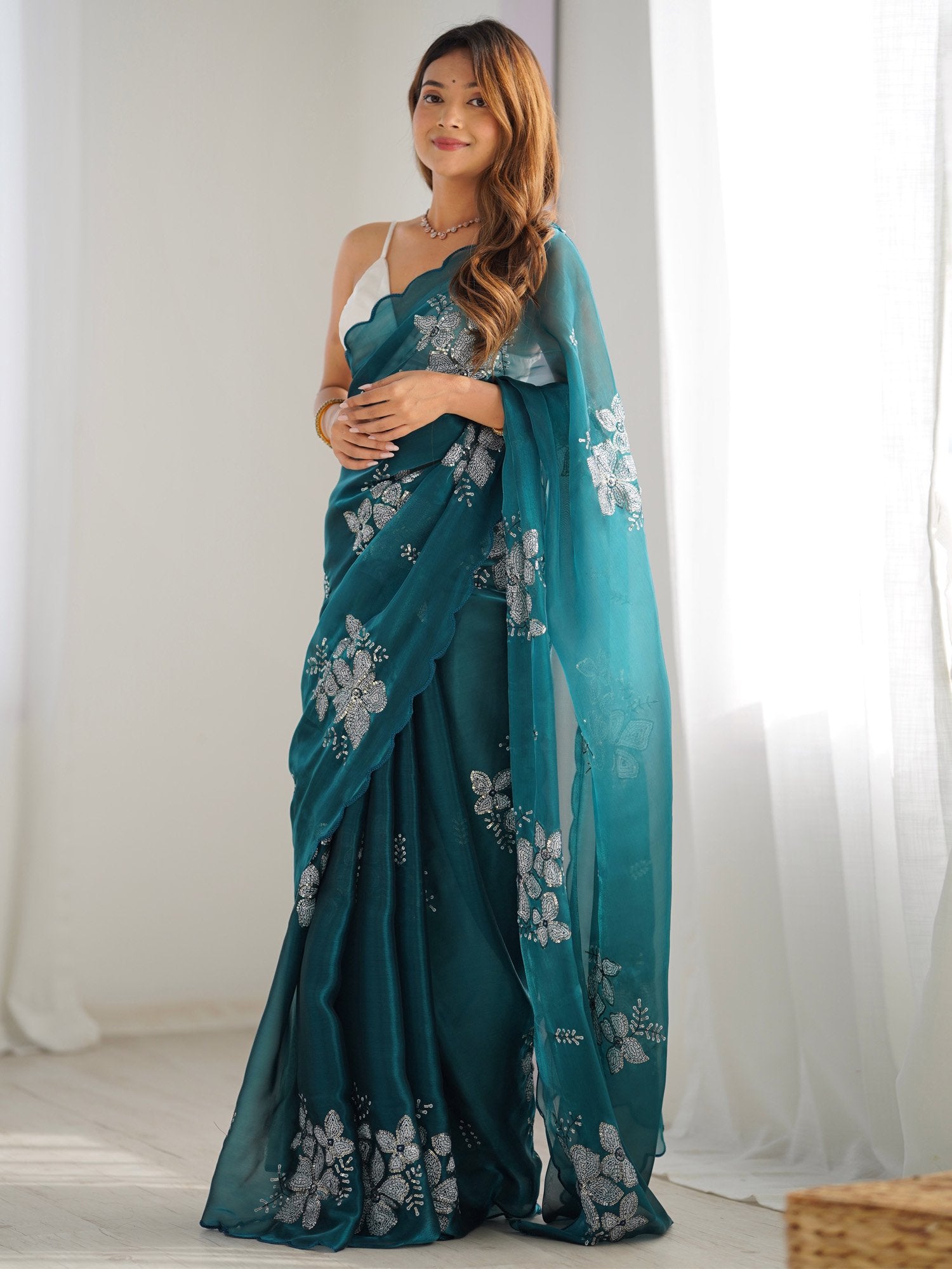 Teal Blue Party Wear Organza Embellished Saree