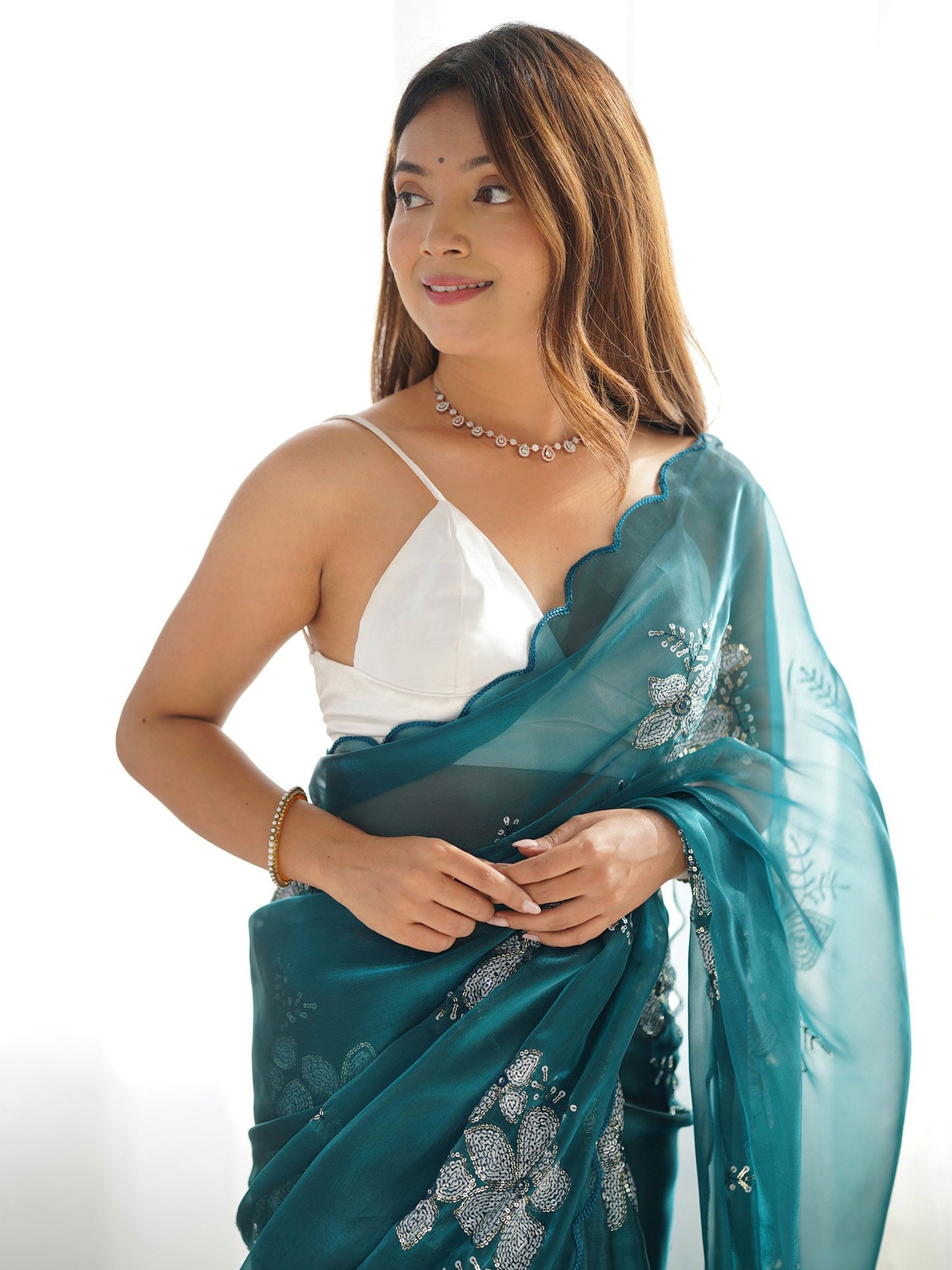 Teal Party Wear Organza Embellished Saree