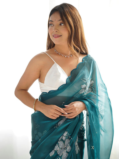 Teal Party Wear Organza Embellished Saree