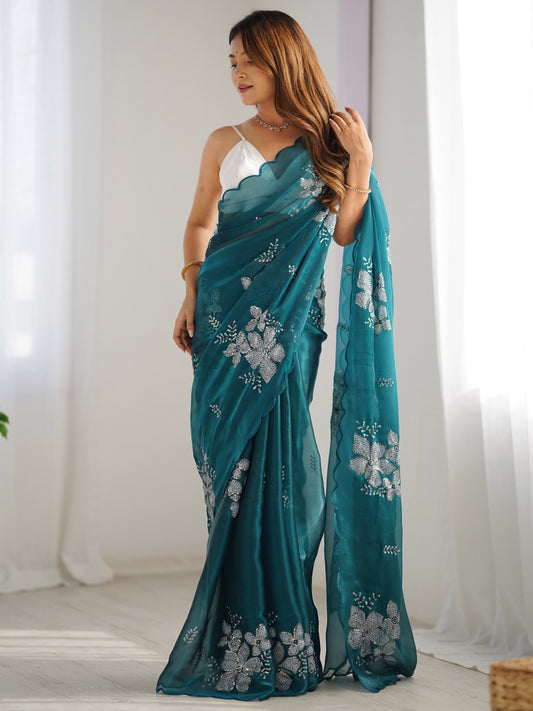 Blue Teal Party Wear Organza Embellished Saree