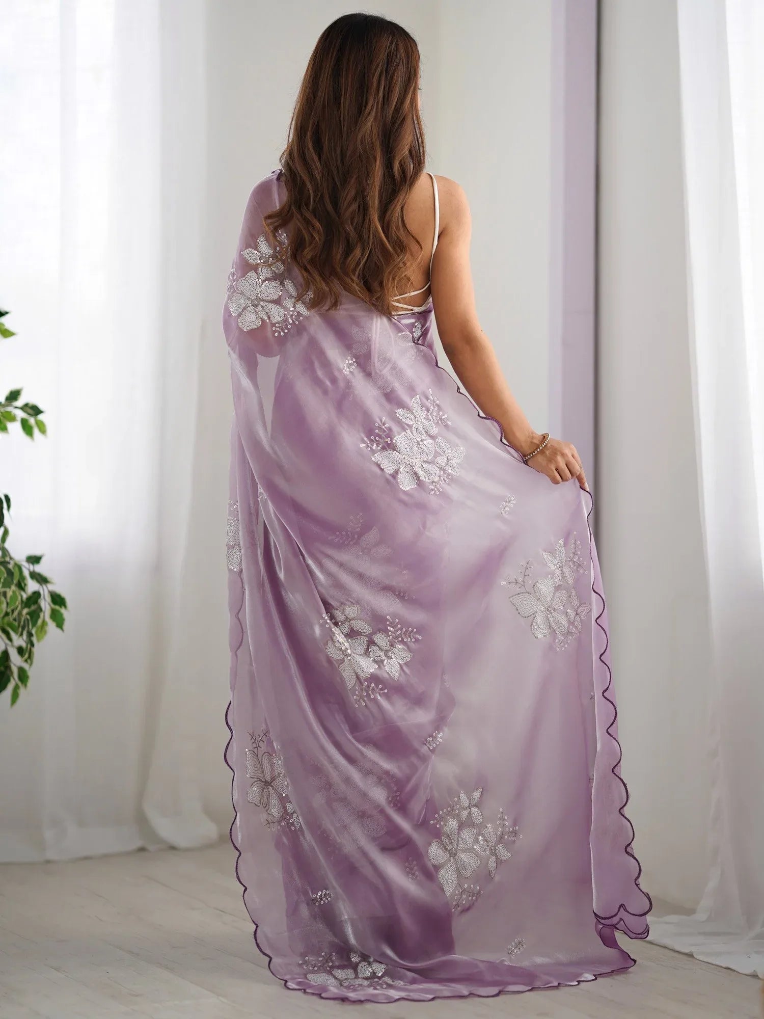 Lavendar Party Wear Organza Embellished Saree