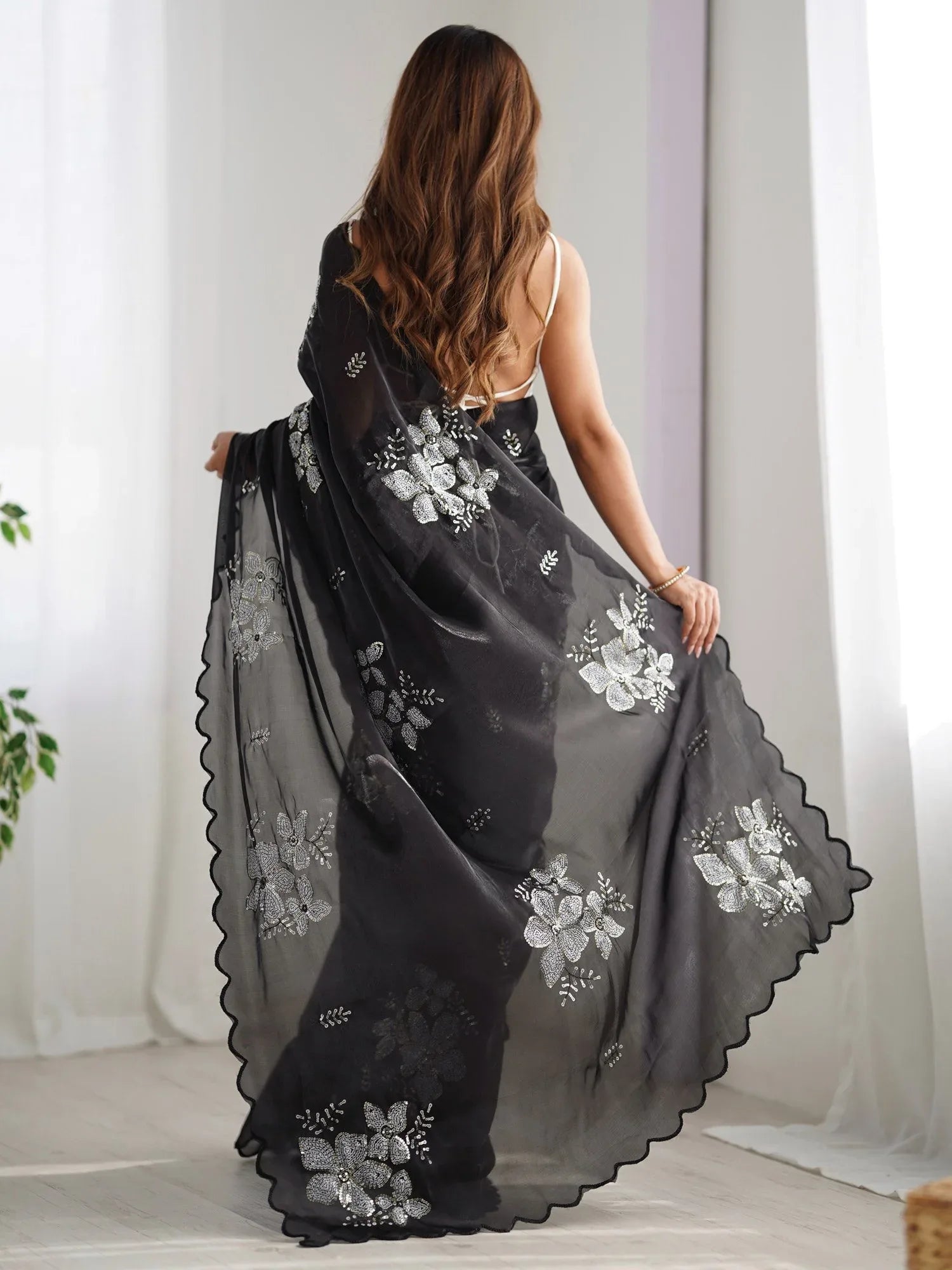 Black Party Wear Organza Embellished Saree