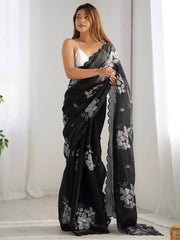 Black Black Party Wear Organza Embellished Saree
