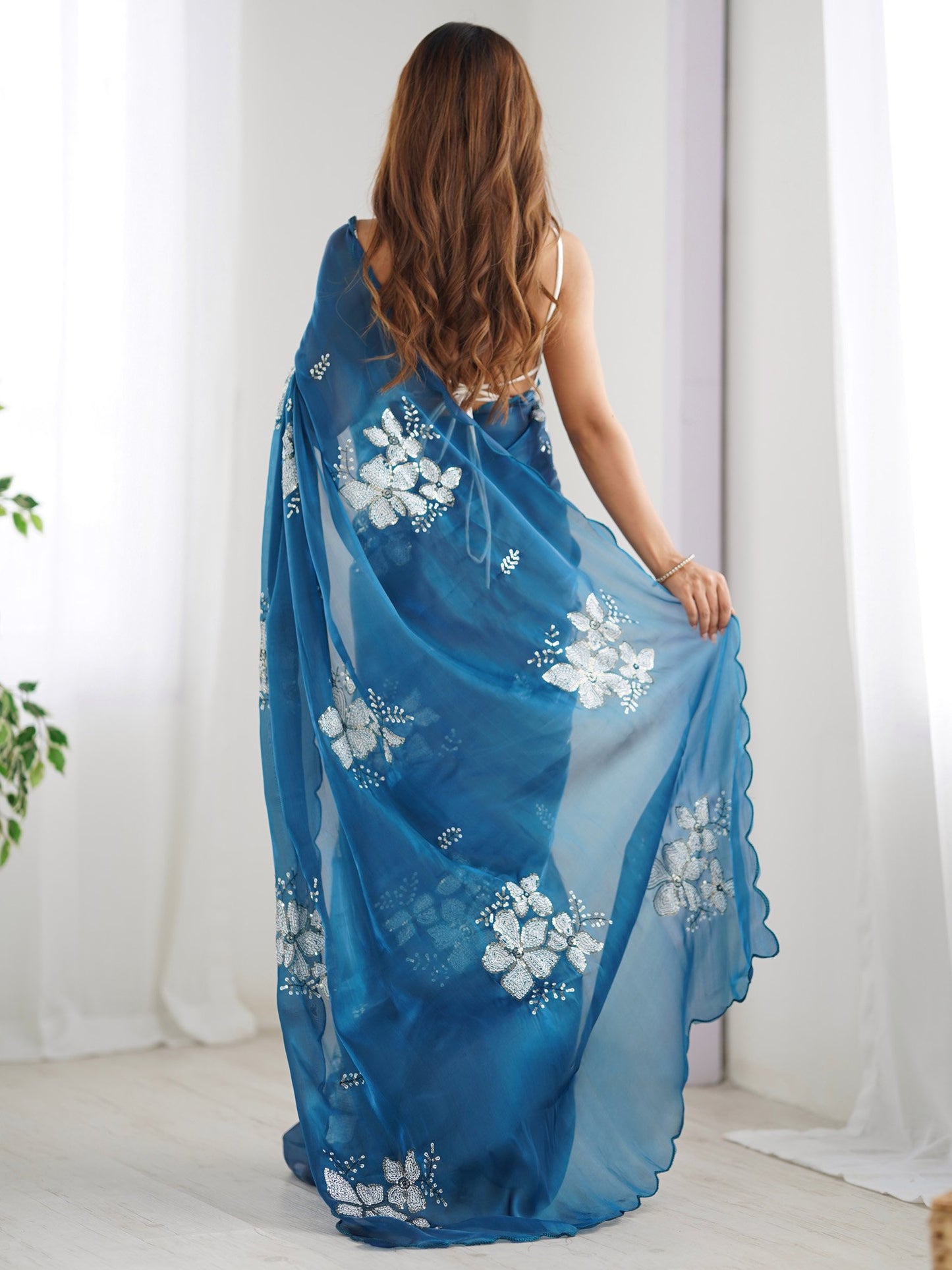 Blue Party Wear Organza Embellished Saree