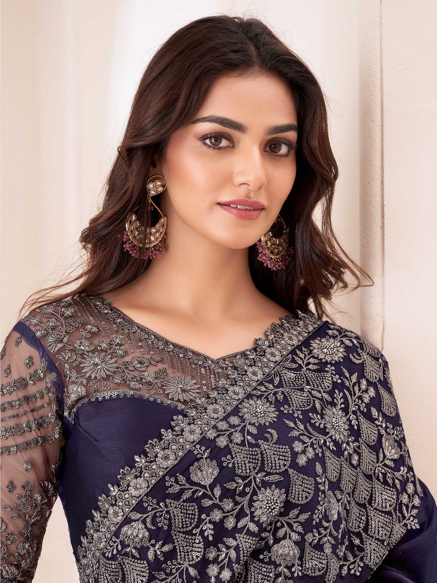 Purple Purple Party Wear Pure Chiffon Embellished Saree