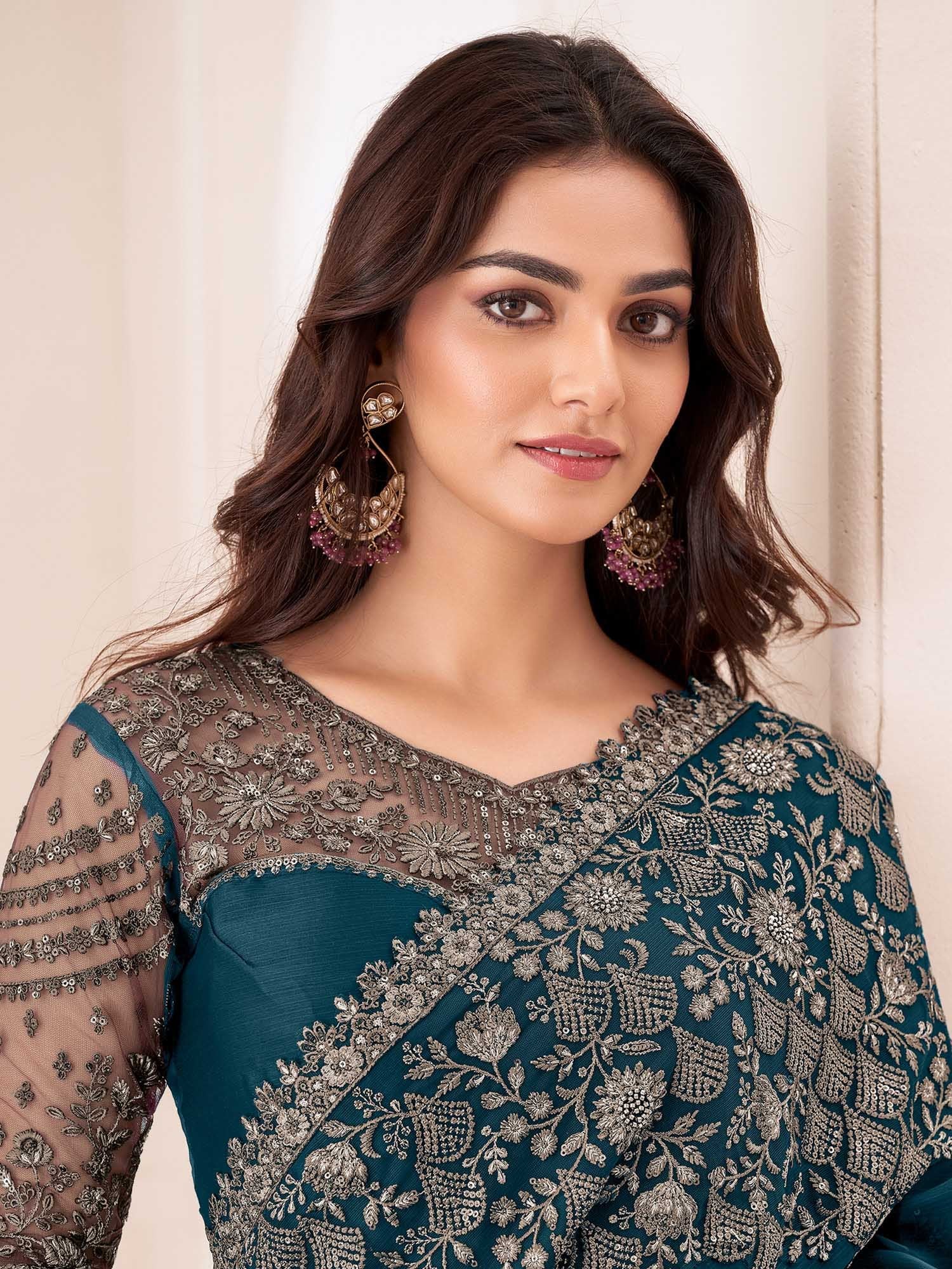 Blue Teal Party Wear Pure Chiffon Embellished Saree