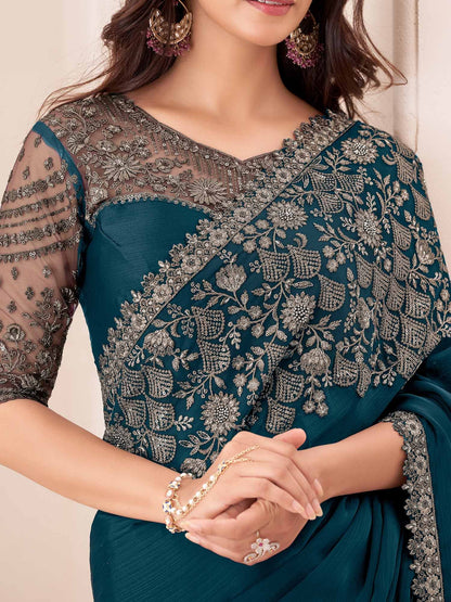 Teal Party Wear Pure Chiffon Embellished Saree