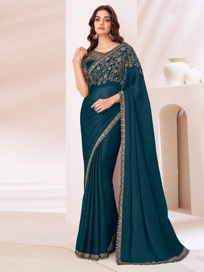 Teal Party Wear Pure Chiffon Embellished Saree