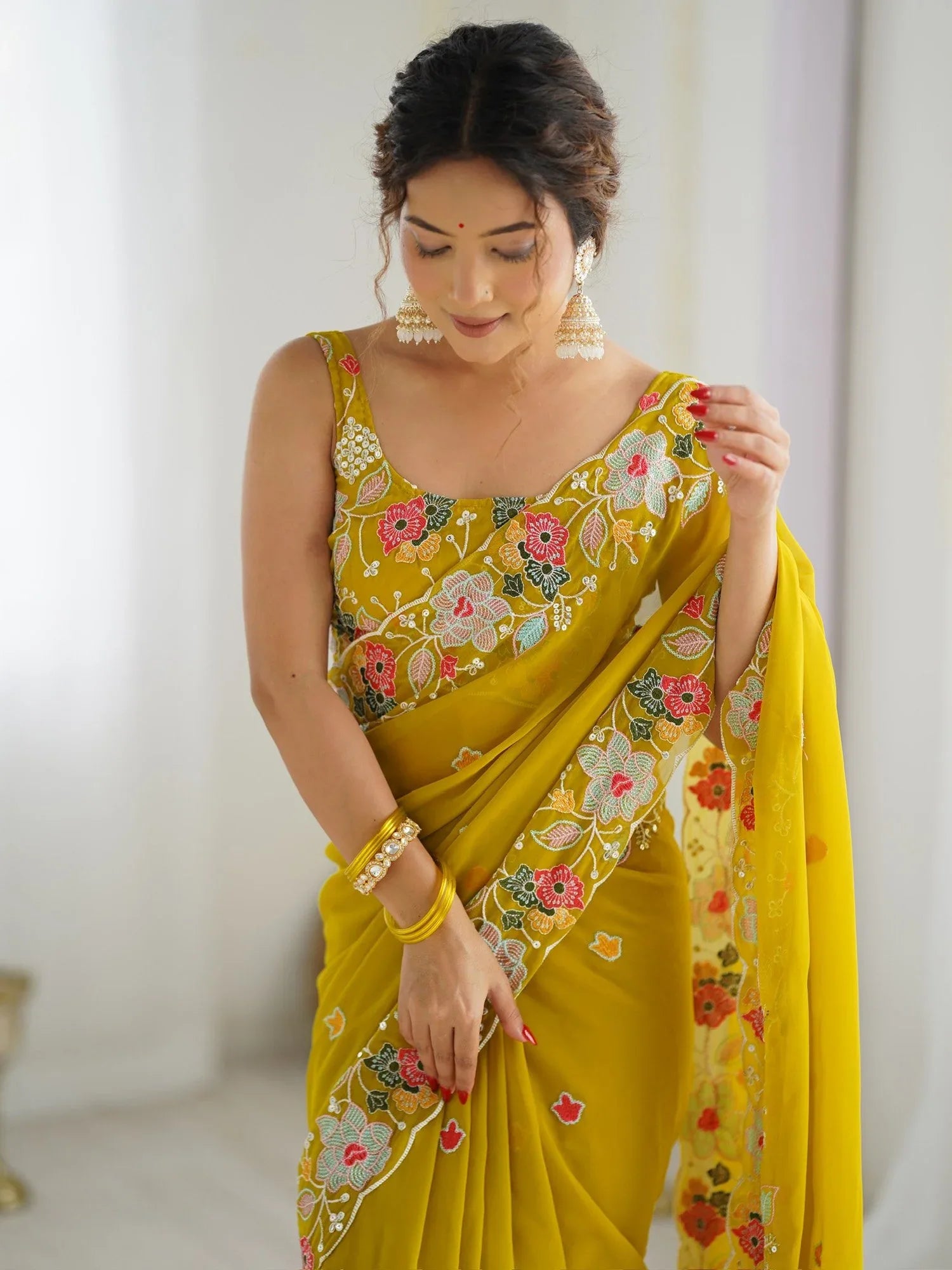Mustard Party Wear Georgette Embellished Saree