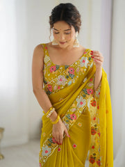 Mustard Party Wear Georgette Embellished Saree