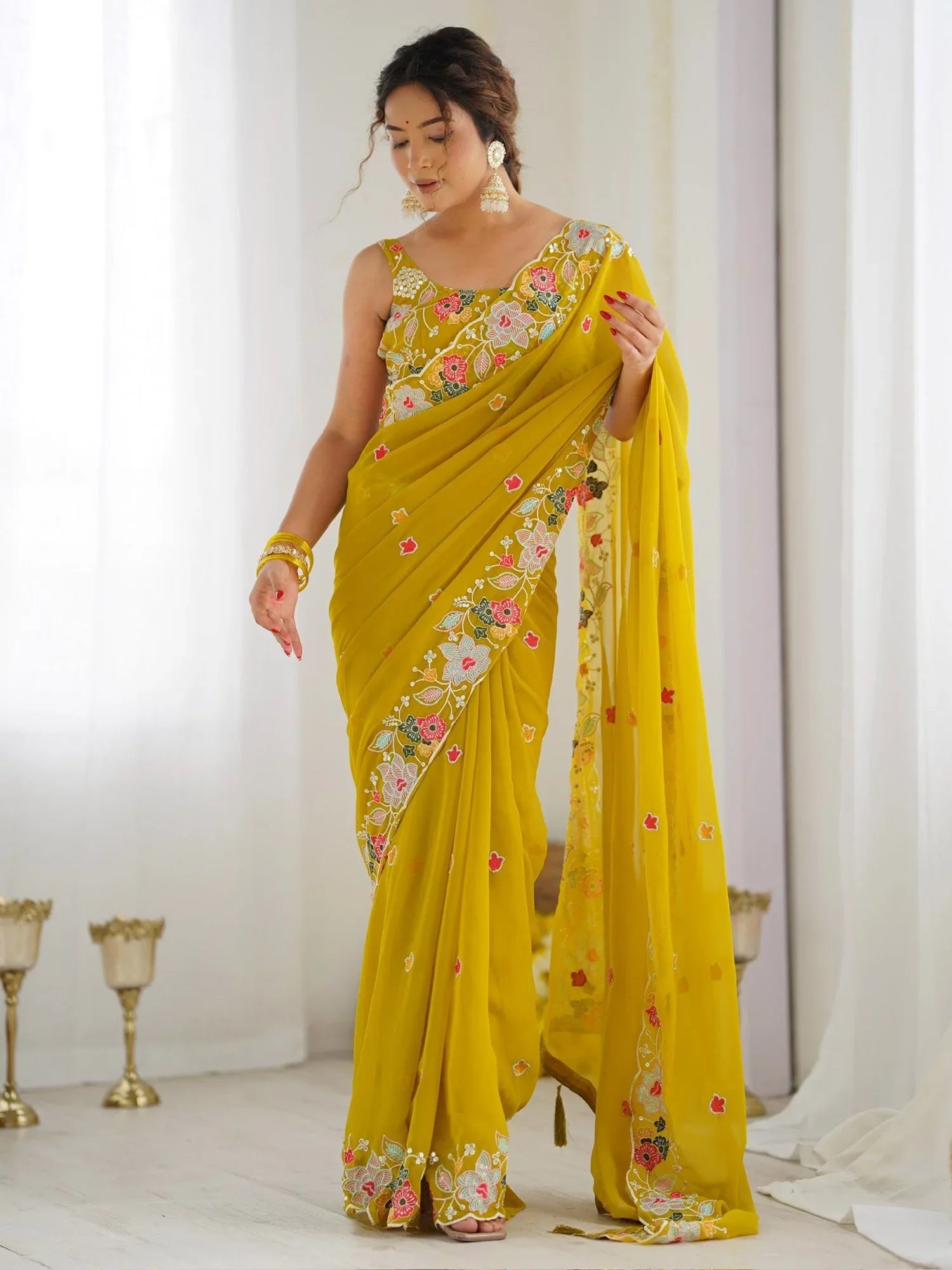 Yellow Mustard Party Wear Georgette Embellished Saree