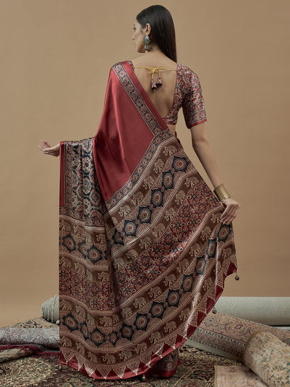 Maroon Block Print Crepe Printed Saree
