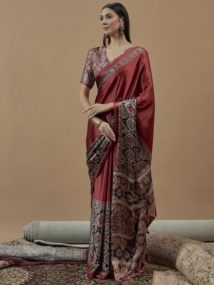 Maroon Block Print Crepe Printed Saree