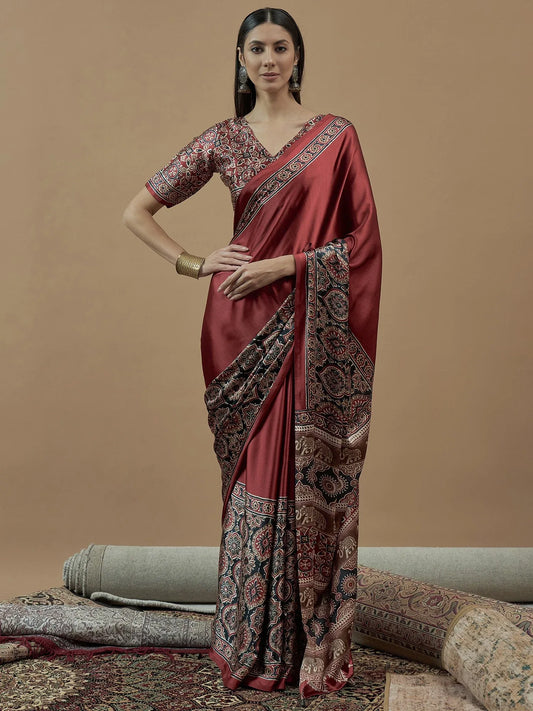 Maroon Maroon Block Print Crepe Printed Saree