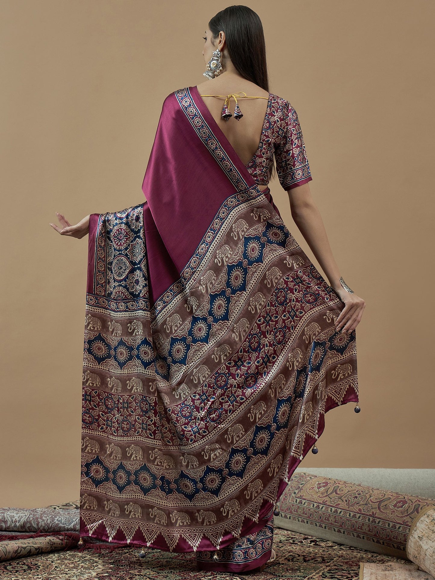 Magenta Block Print Crepe Printed Saree