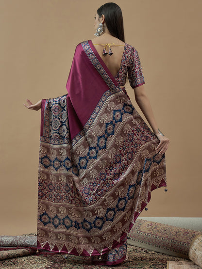 Magenta Block Print Crepe Printed Saree
