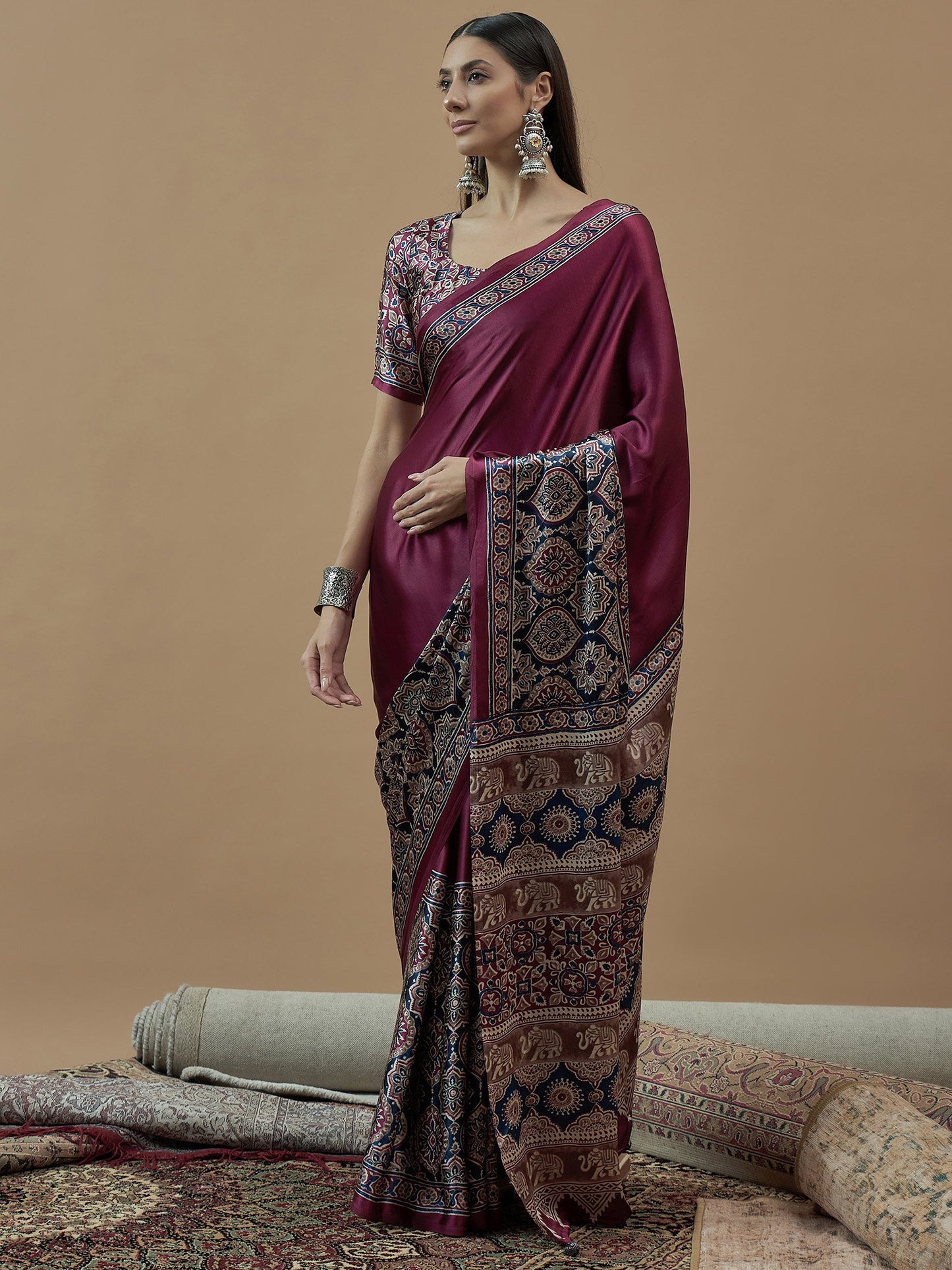 Magenta Block Print Crepe Printed Saree