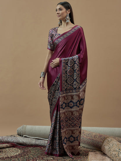 Magenta Block Print Crepe Printed Saree