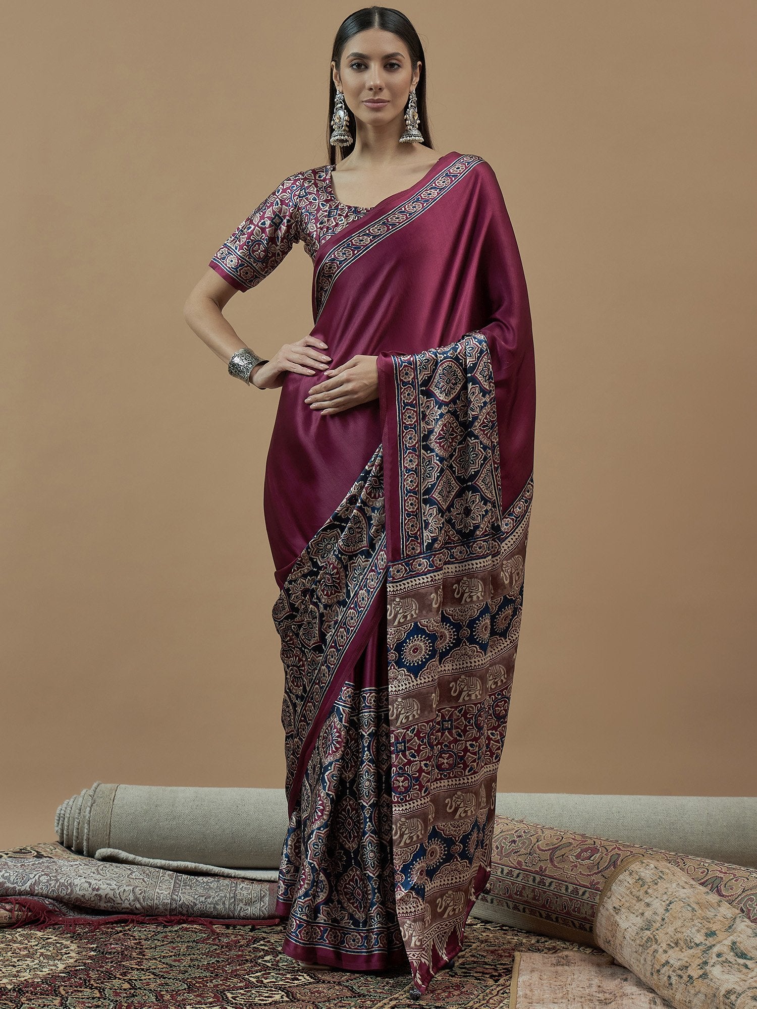 Pink Magenta Block Print Crepe Printed Saree