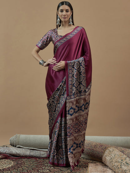 Pink Magenta Block Print Crepe Printed Saree