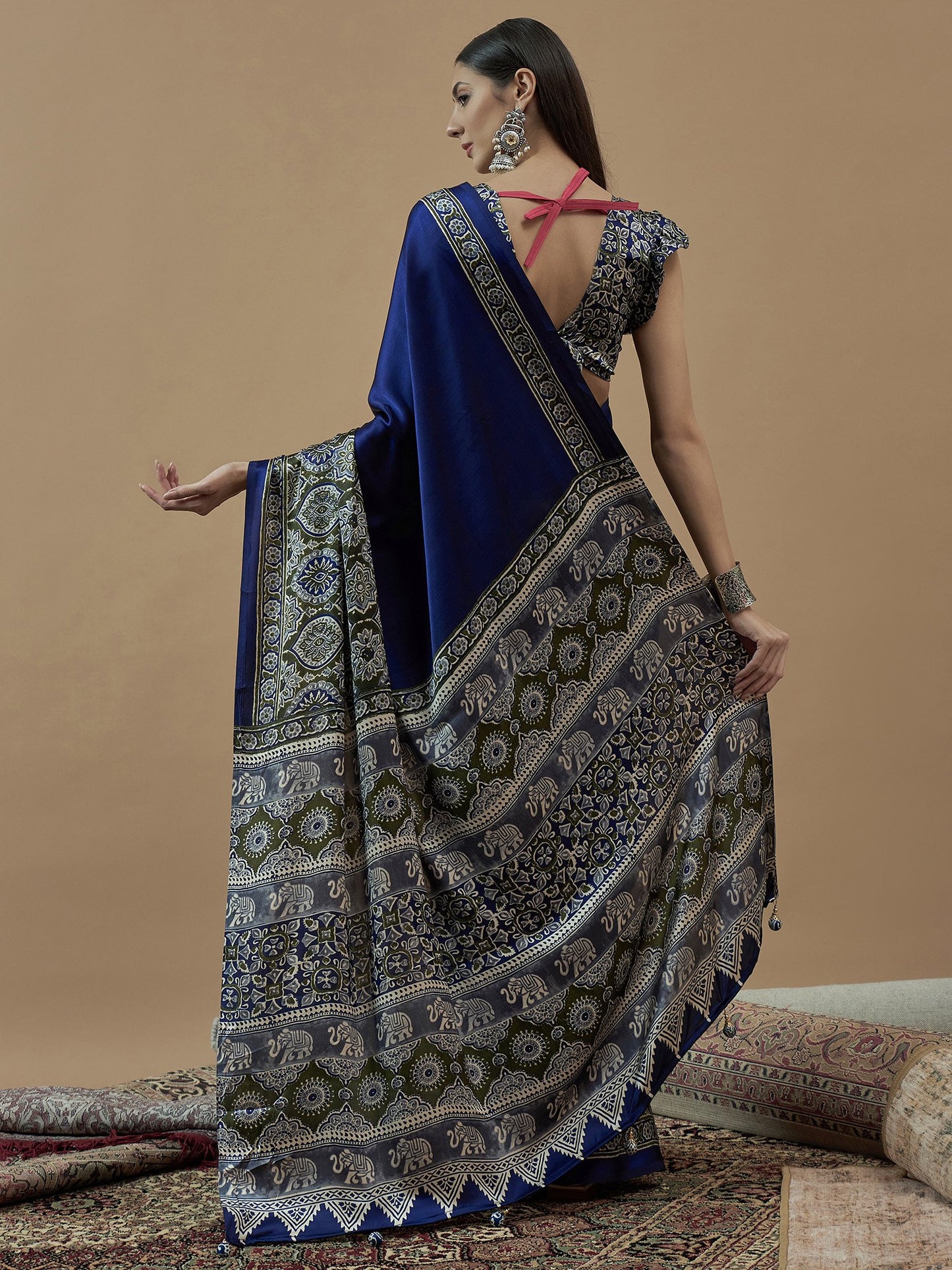Blue Block Print Crepe Printed Saree