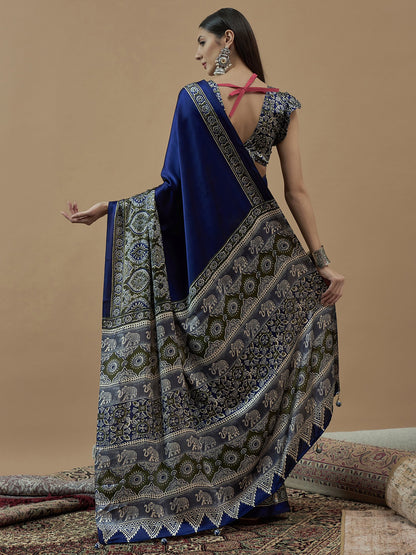 Blue Block Print Crepe Printed Saree