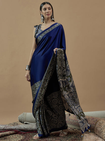 Blue Block Print Crepe Printed Saree