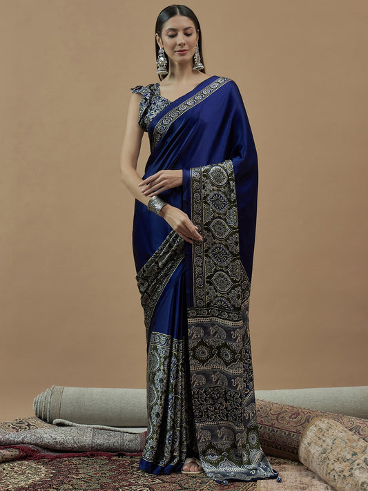 Blue Blue Block Print Crepe Printed Saree