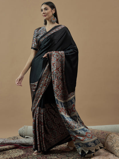 Black Block Print Crepe Printed Saree