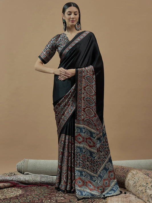 Black Black Block Print Crepe Printed Saree