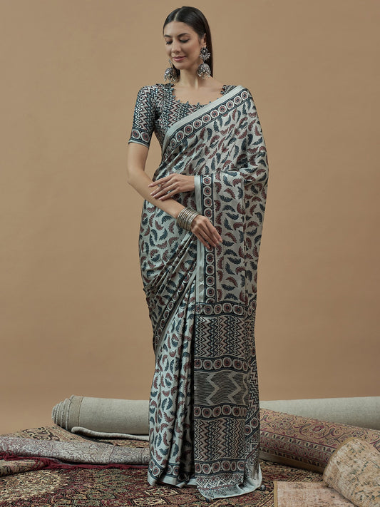 Grey Grey Block Print Crepe Printed Saree