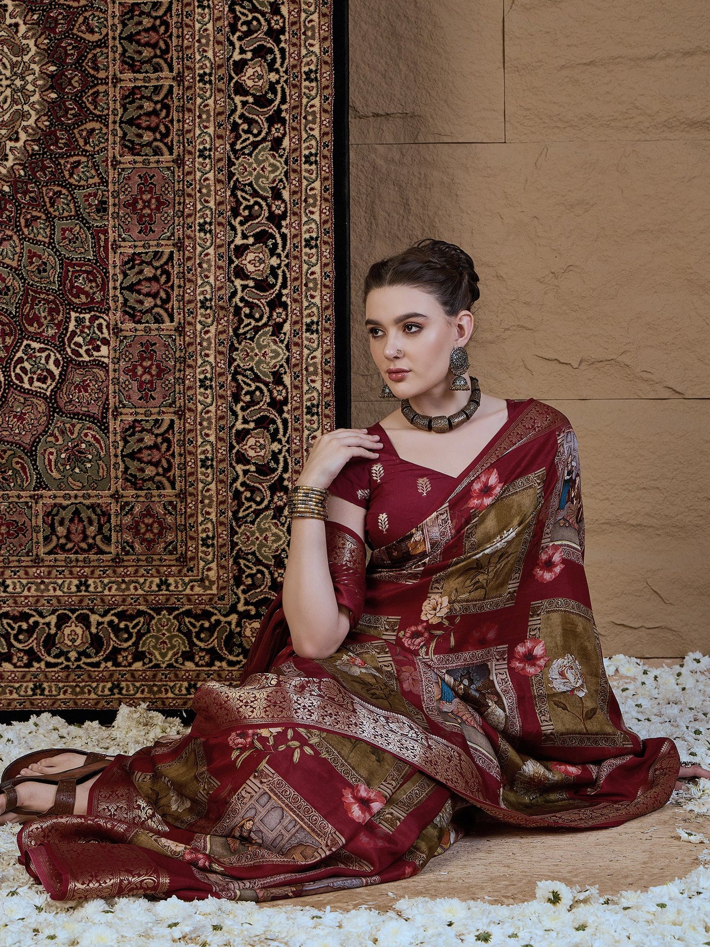 Maroon Sungudi Viscose Silk Printed Saree