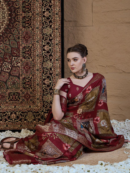 Maroon Sungudi Viscose Silk Printed Saree