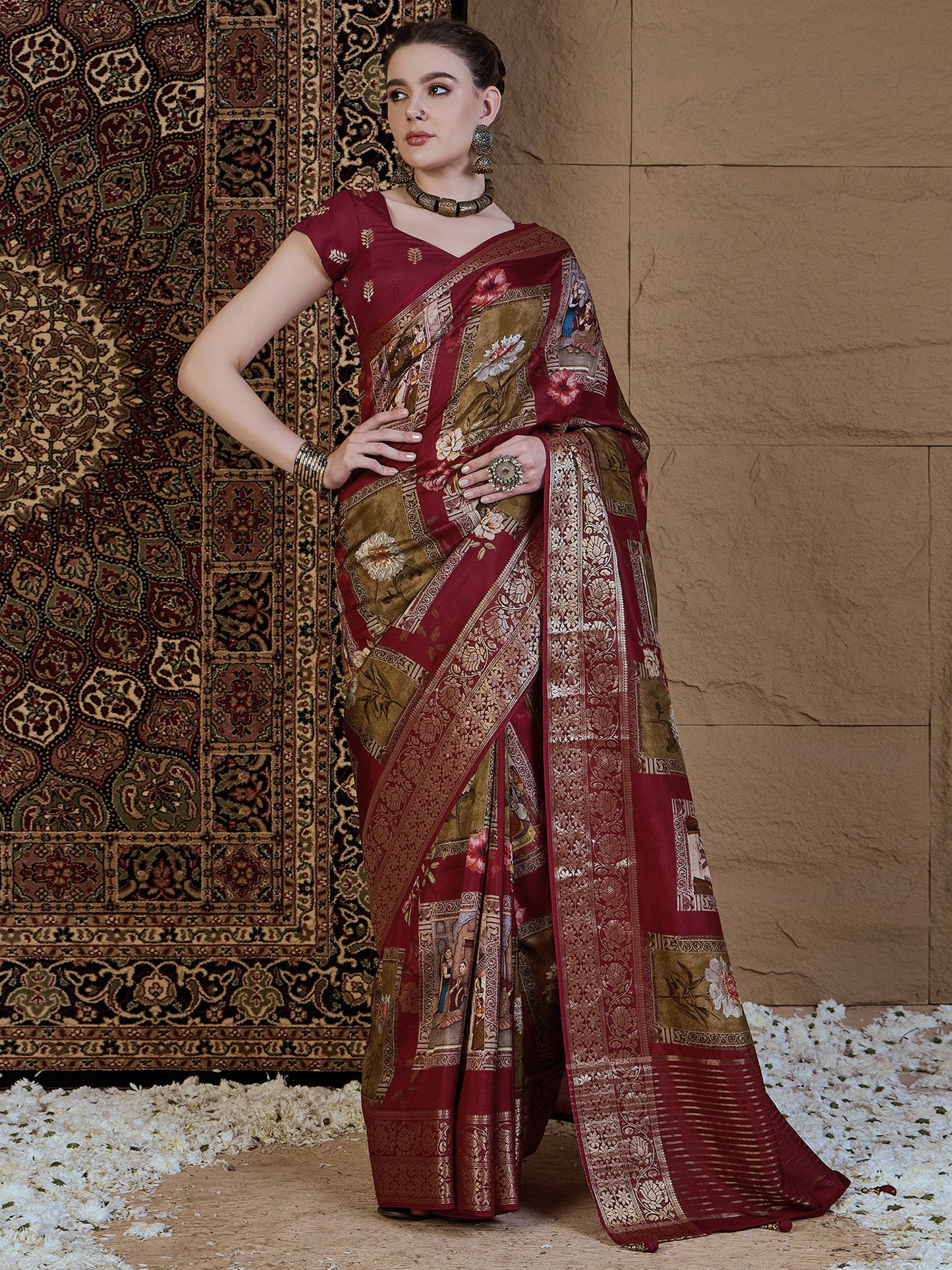 Maroon Maroon Sungudi Viscose Silk Printed Saree