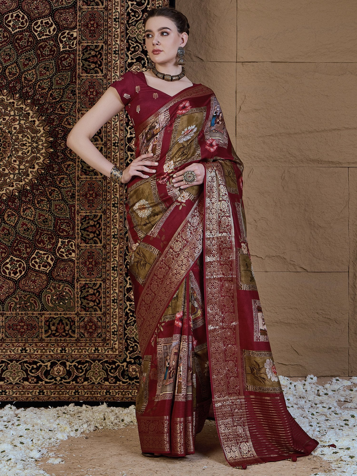 Maroon Maroon Sungudi Viscose Silk Printed Saree