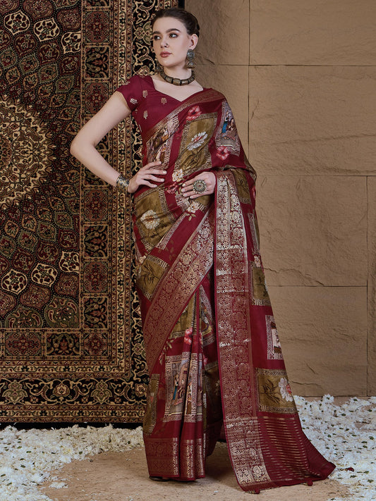 Maroon Maroon Sungudi Viscose Silk Printed Saree