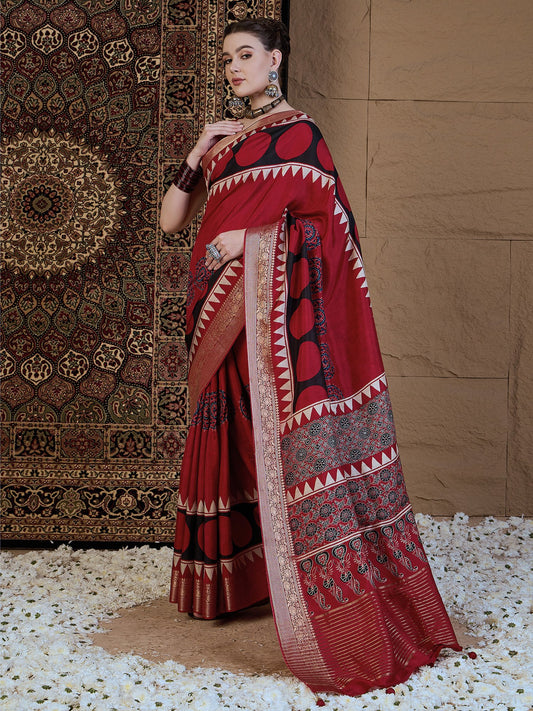 Red Red Sungudi Viscose Silk Printed Saree