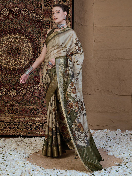Cream Beige Sungudi Viscose Silk Printed Saree
