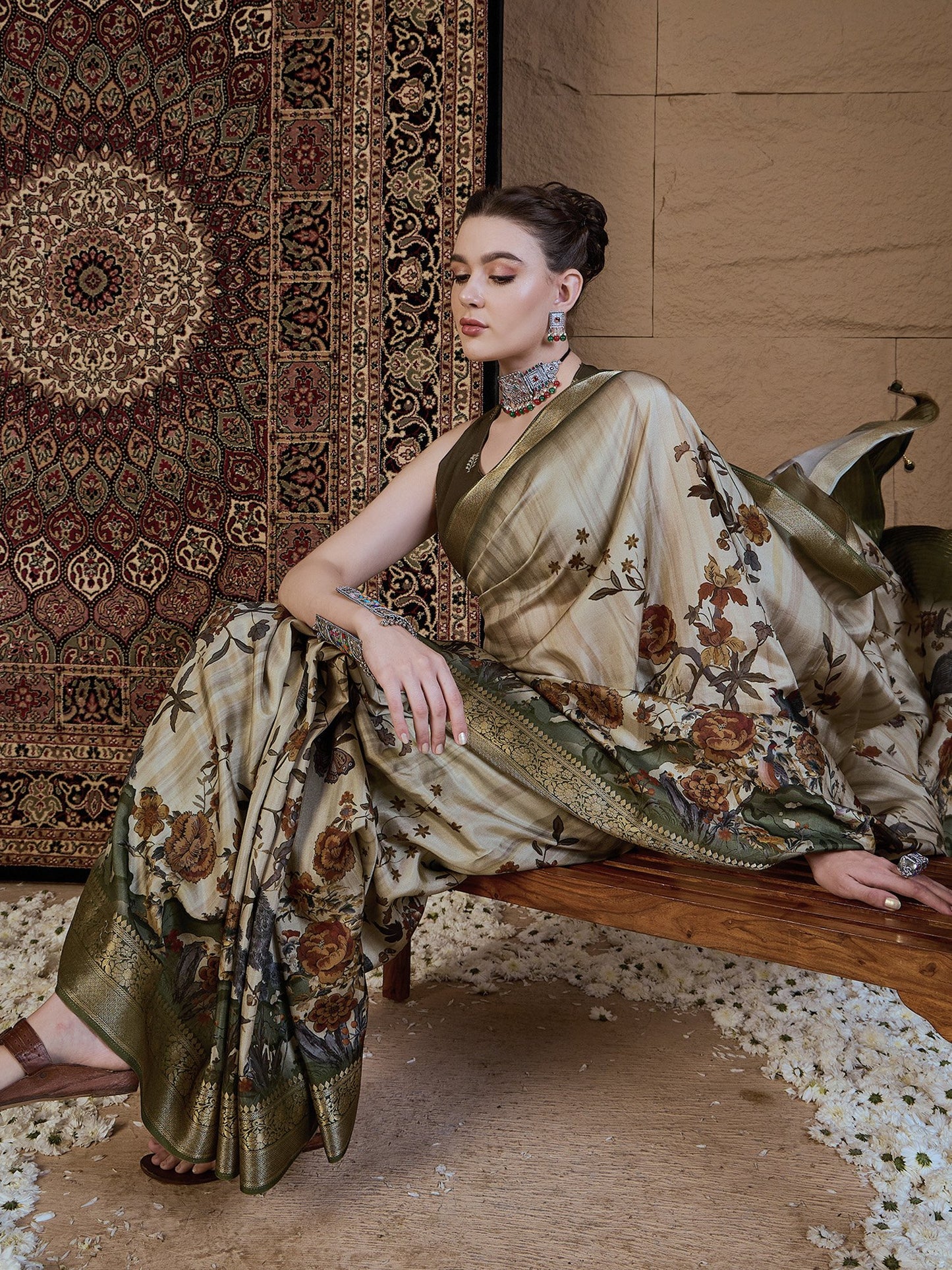 Beige Sungudi Viscose Silk Printed Saree