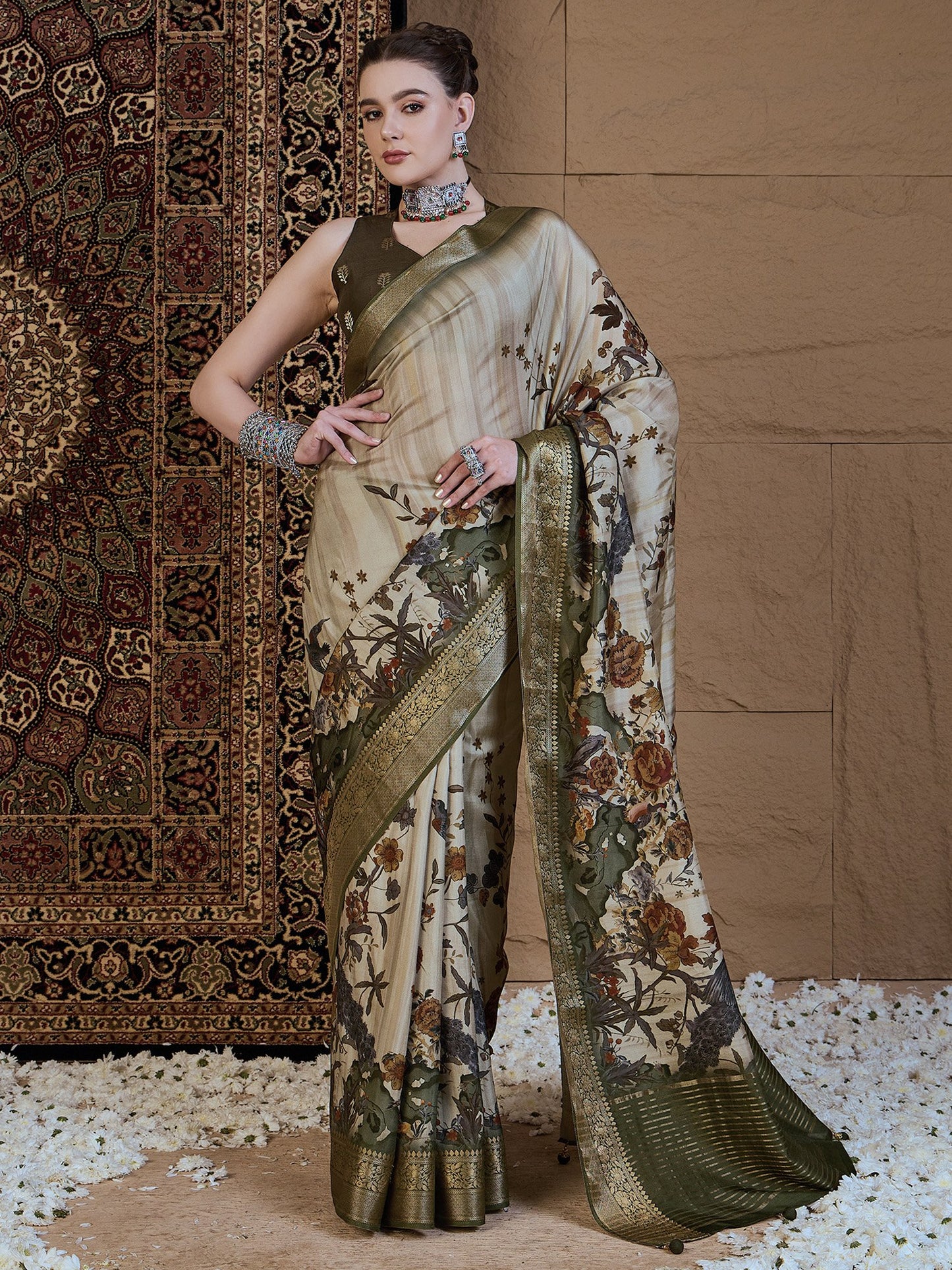Beige Sungudi Viscose Silk Printed Saree
