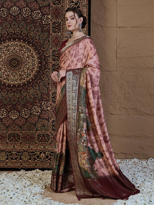 Pink Peach Sungudi Viscose Silk Printed Saree
