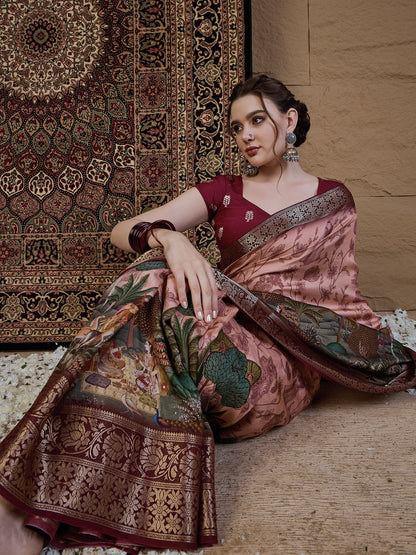 Peach Sungudi Viscose Silk Printed Saree