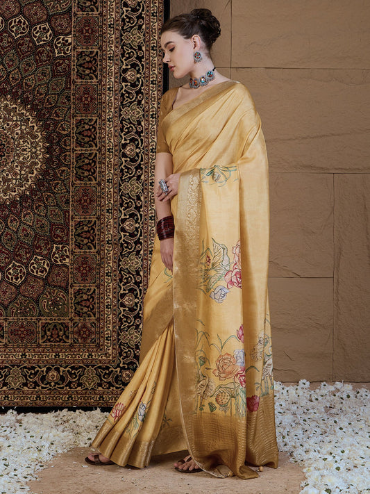 Yellow Beige Sungudi Viscose Silk Printed Saree