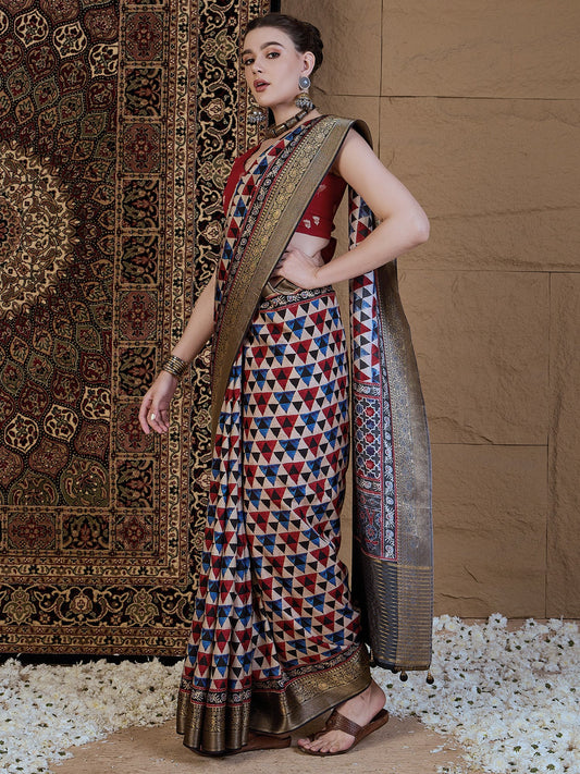 Cream Beige Sungudi Viscose Silk Printed Saree