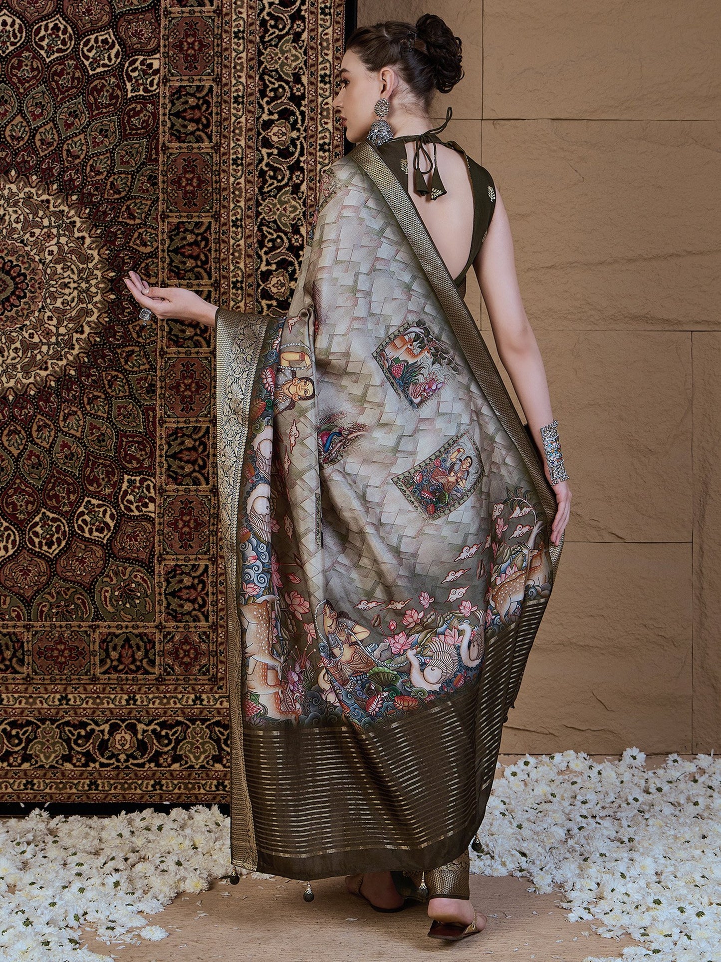 Olive Sungudi Viscose Silk Printed Saree