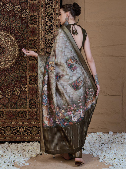 Olive Sungudi Viscose Silk Printed Saree