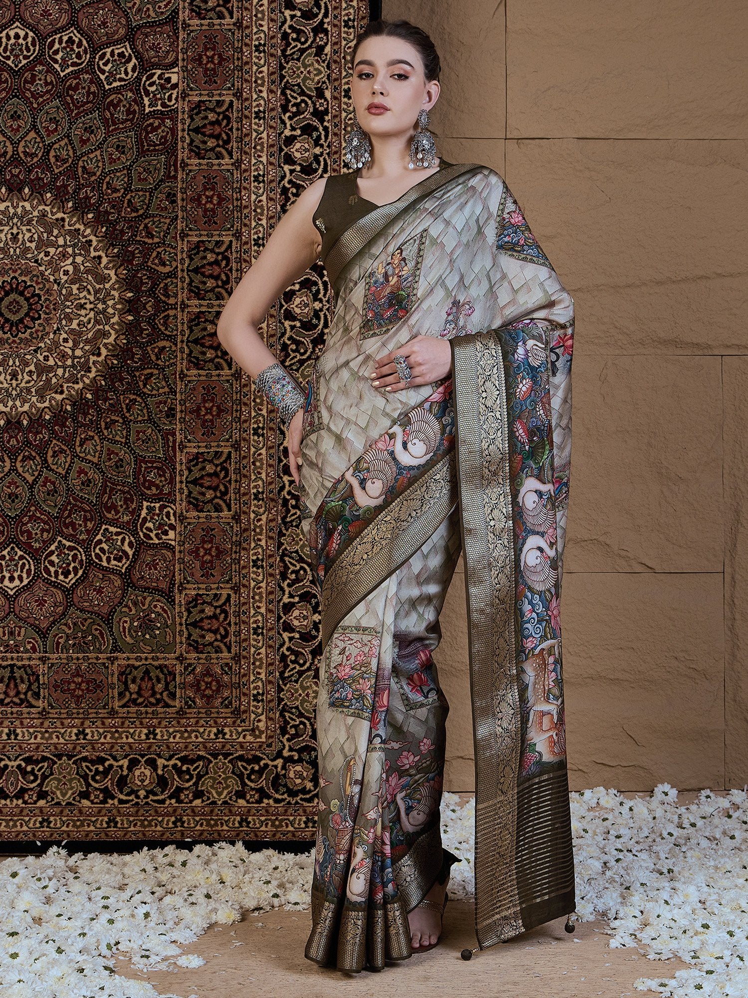 Green Olive Sungudi Viscose Silk Printed Saree